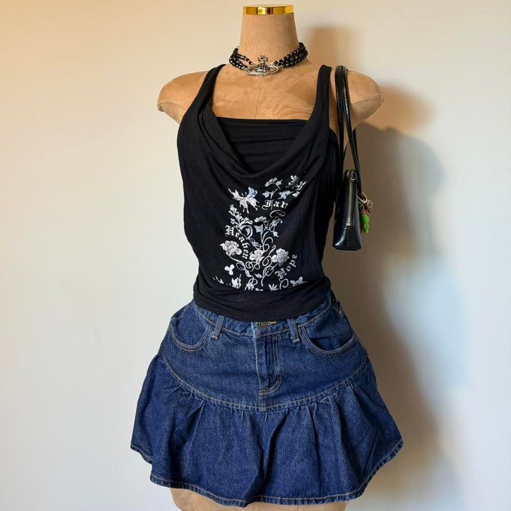 Black halter top with white